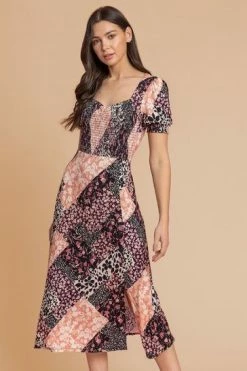 Roman Pink Shirred Patchwork Floral Midi Dress -Roman Sales Shop unnamed file 4406