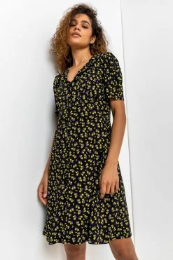 Roman Black Floral Print Frilled Detail Dress