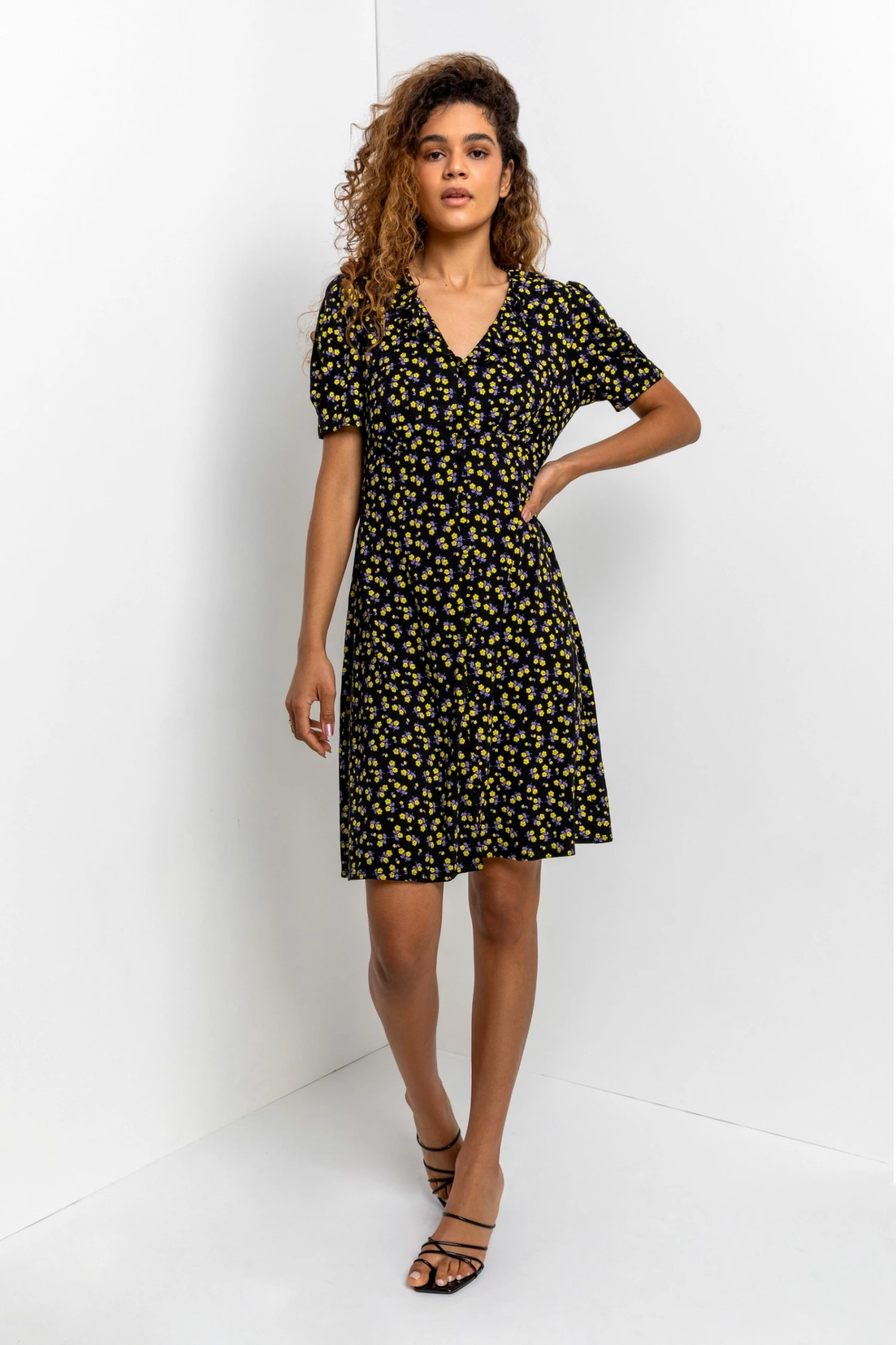 Roman Black Floral Print Frilled Detail Dress 5 Roman Black Floral Print Frilled Detail Dress - Image 3