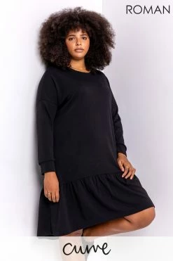 Roman Black Curve Frill Hem Long Sleeve Dress
