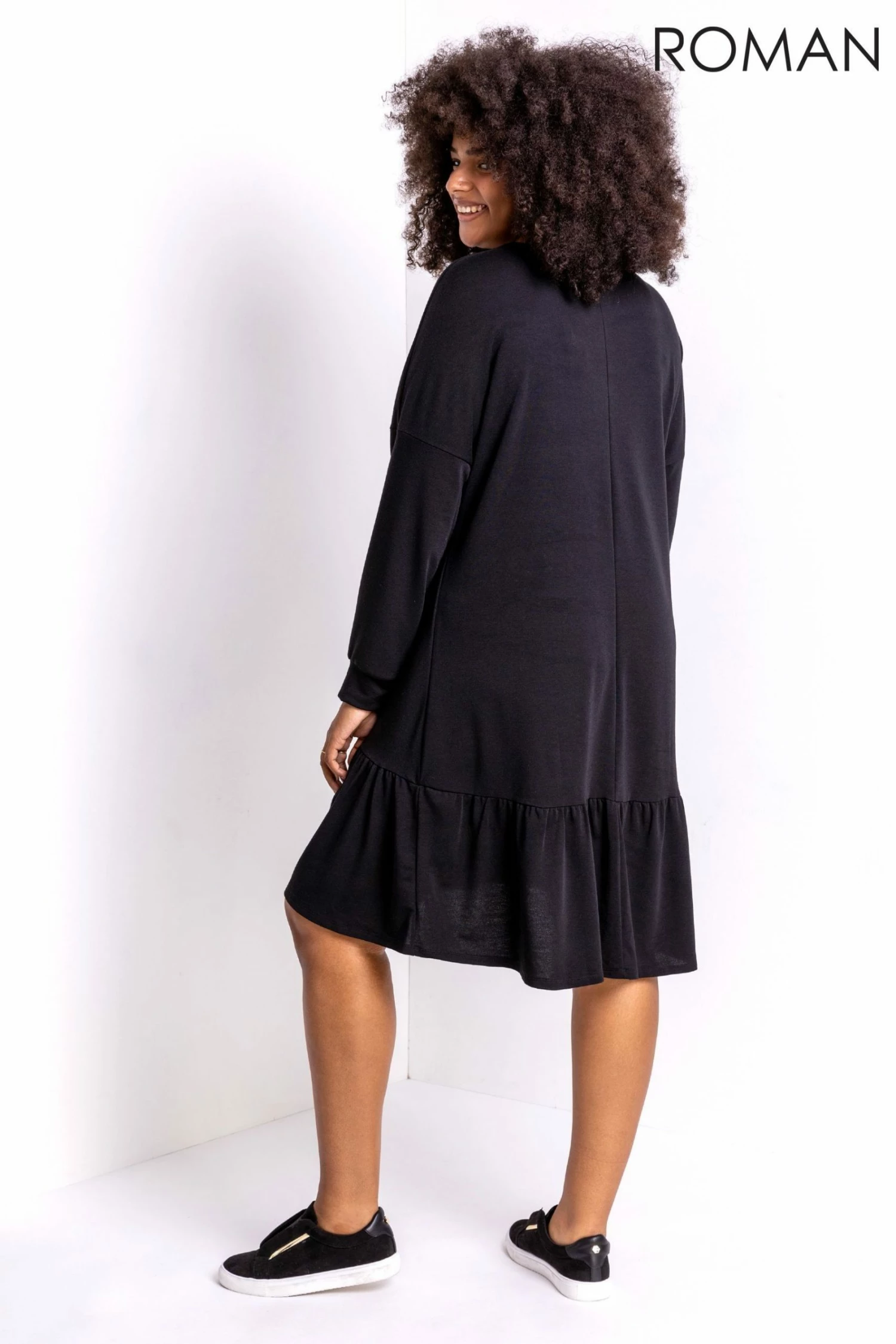 Roman Black Curve Frill Hem Long Sleeve Dress 4 Roman Black Curve Frill Hem Long Sleeve Dress - Image 2