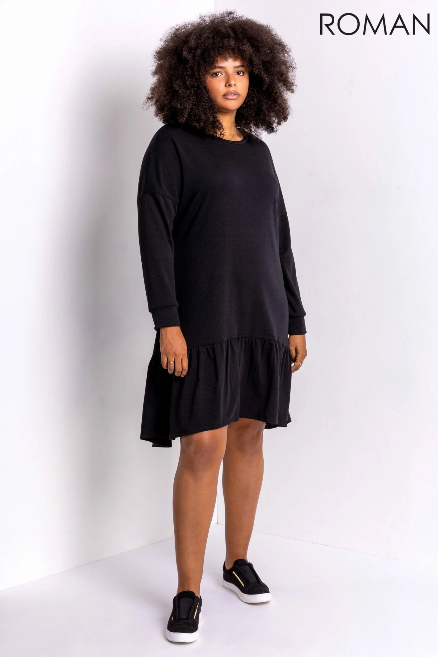 Roman Black Curve Frill Hem Long Sleeve Dress 5 Roman Black Curve Frill Hem Long Sleeve Dress - Image 3