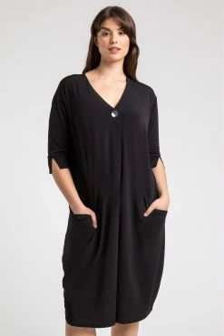 Roman Black Curve Button Detail Cocoon Dress
