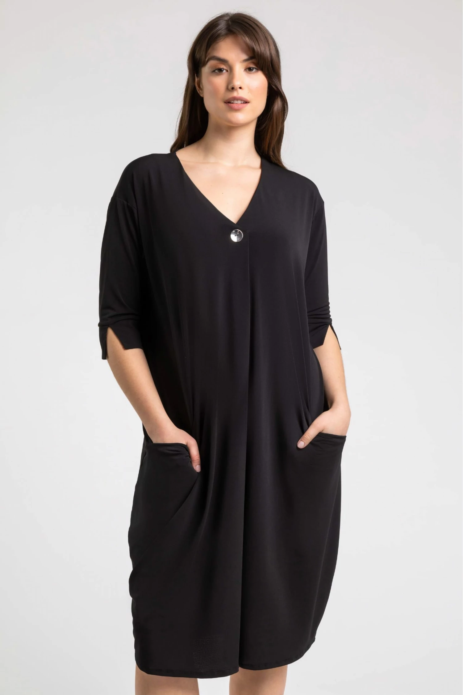 Roman Black Curve Button Detail Cocoon Dress 3 Roman Black Curve Button Detail Cocoon Dress