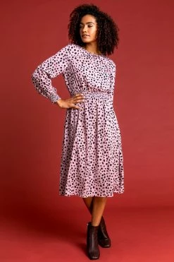 Roman Pink Spot Print Shirred Waist Midi Dress