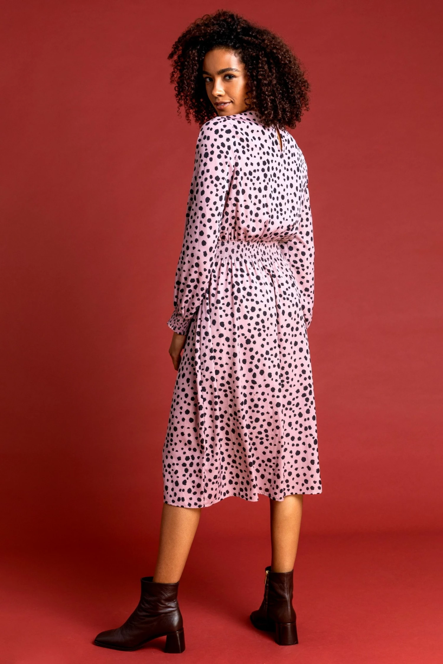 Roman Pink Spot Print Shirred Waist Midi Dress 4 Roman Pink Spot Print Shirred Waist Midi Dress - Image 2