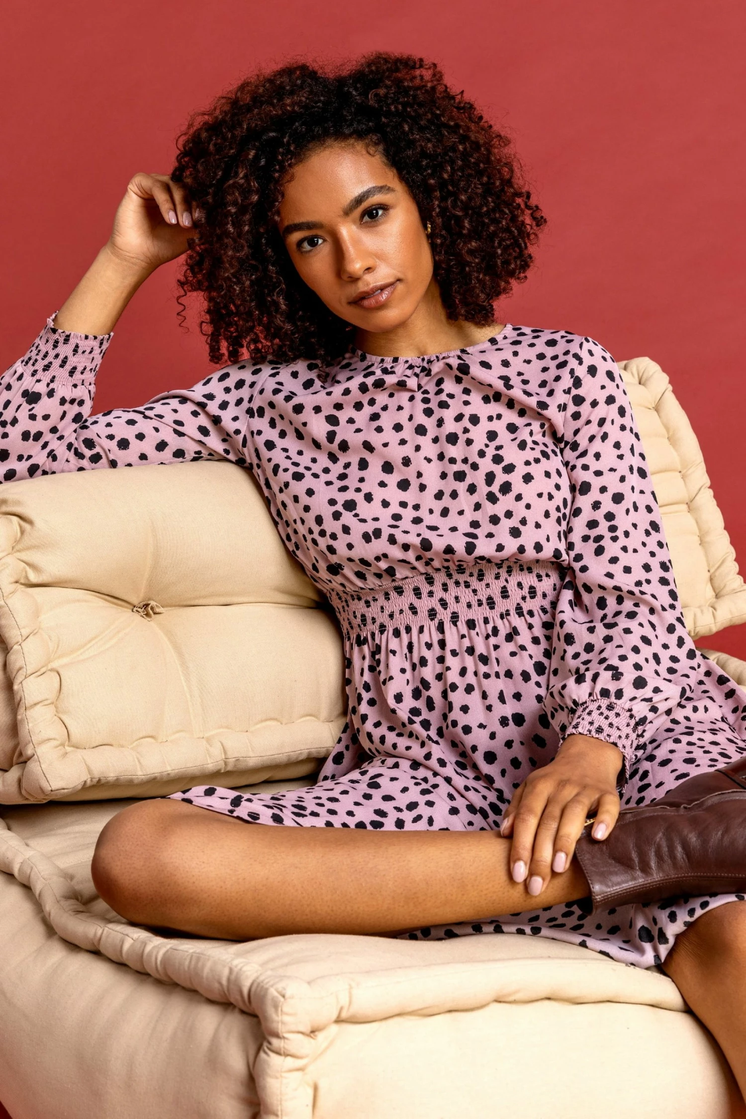 Roman Pink Spot Print Shirred Waist Midi Dress 5 Roman Pink Spot Print Shirred Waist Midi Dress - Image 3