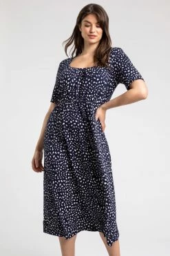 Roman Blue Curve Ditsy Spot Print Midi Dress