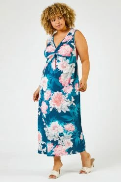 Roman Blue Curve Floral Print Twist Detail Midi Dress -Roman Sales Shop unnamed file 4449