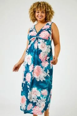 Roman Blue Curve Floral Print Twist Detail Midi Dress -Roman Sales Shop unnamed file 4451