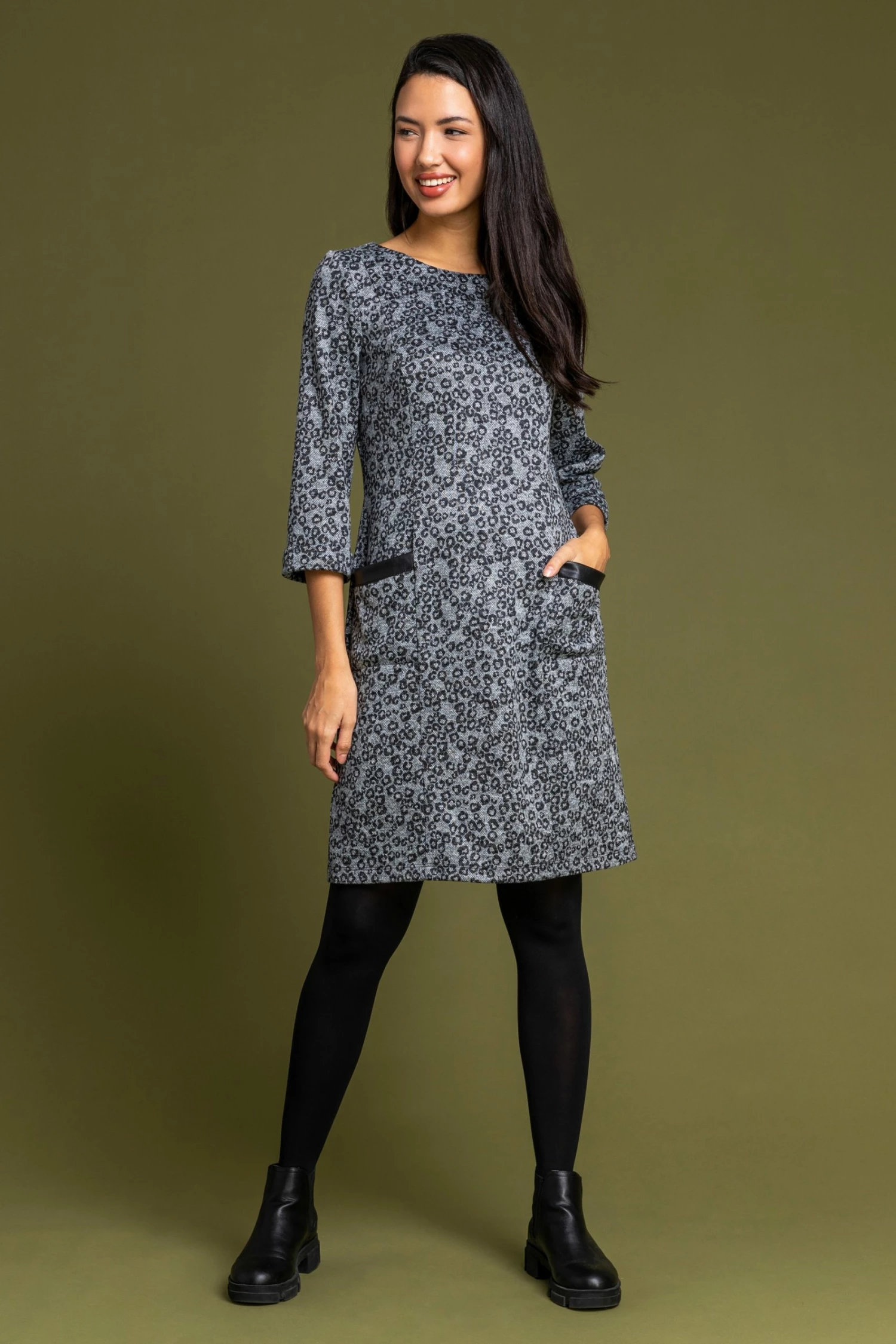 Roman Grey Animal Print Pocket Trim Dress 5 Roman Grey Animal Print Pocket Trim Dress - Image 3