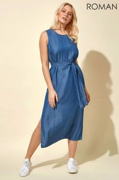 Roman Blue Belted Denim Midi Dress