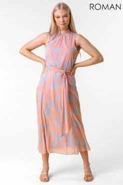 Roman Pink Abstract Print High Neck Midi Dress