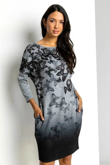 Roman Black Butterfly Print Embellished Slouch Dress 7 Roman Black Butterfly Print Embellished Slouch Dress - Image 5