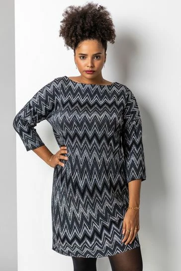 Roman Silver Curve Zig Zag Print Shift Dress 7 Roman Silver Curve Zig Zag Print Shift Dress - Image 5