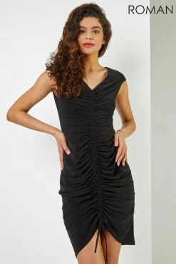 Roman Black Ruched Front Jersey Dress