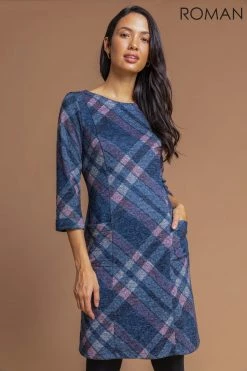 Roman Blue Check Print Pocket Shift Dress