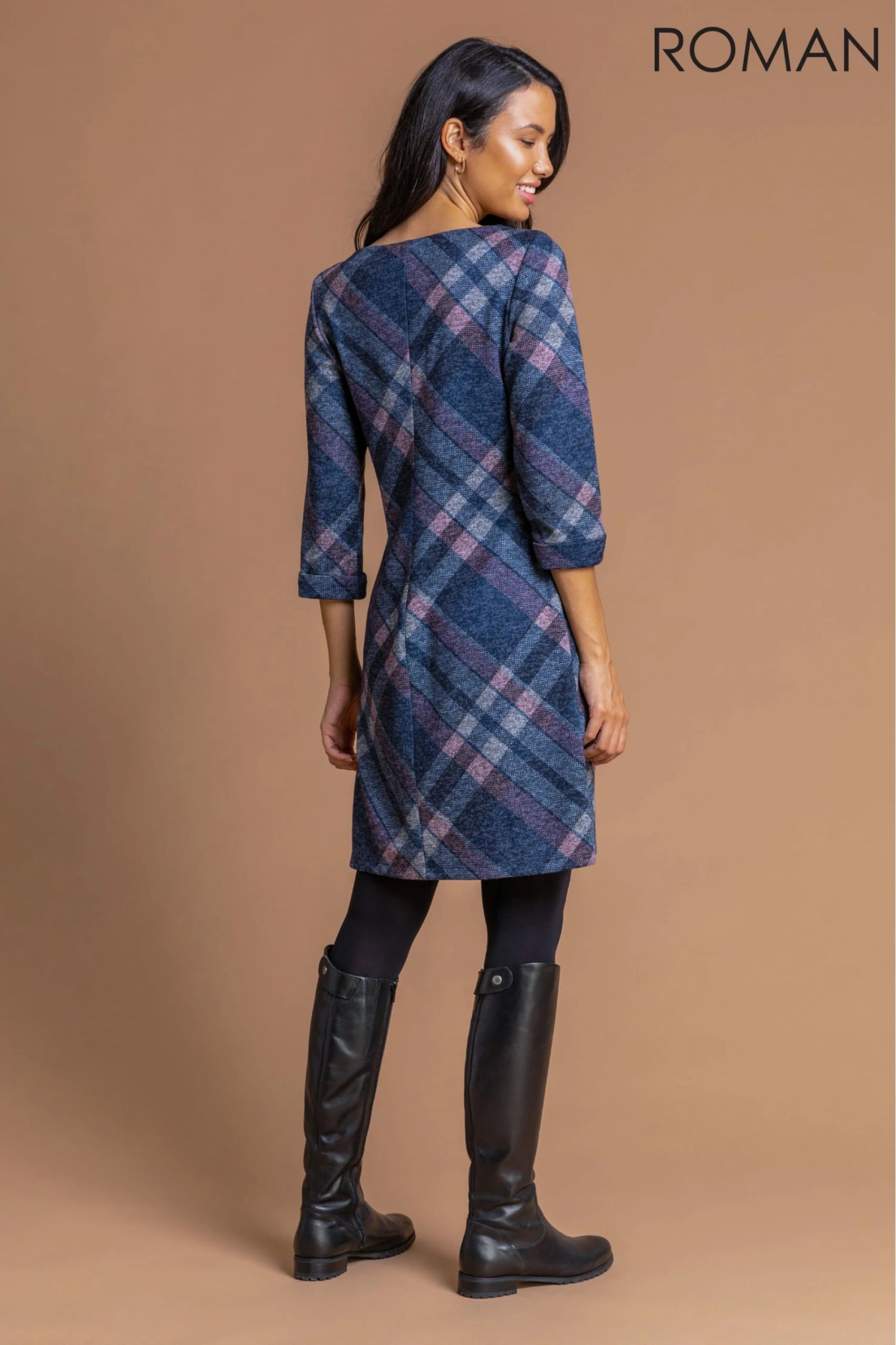 Roman Blue Check Print Pocket Shift Dress 4 Roman Blue Check Print Pocket Shift Dress - Image 2