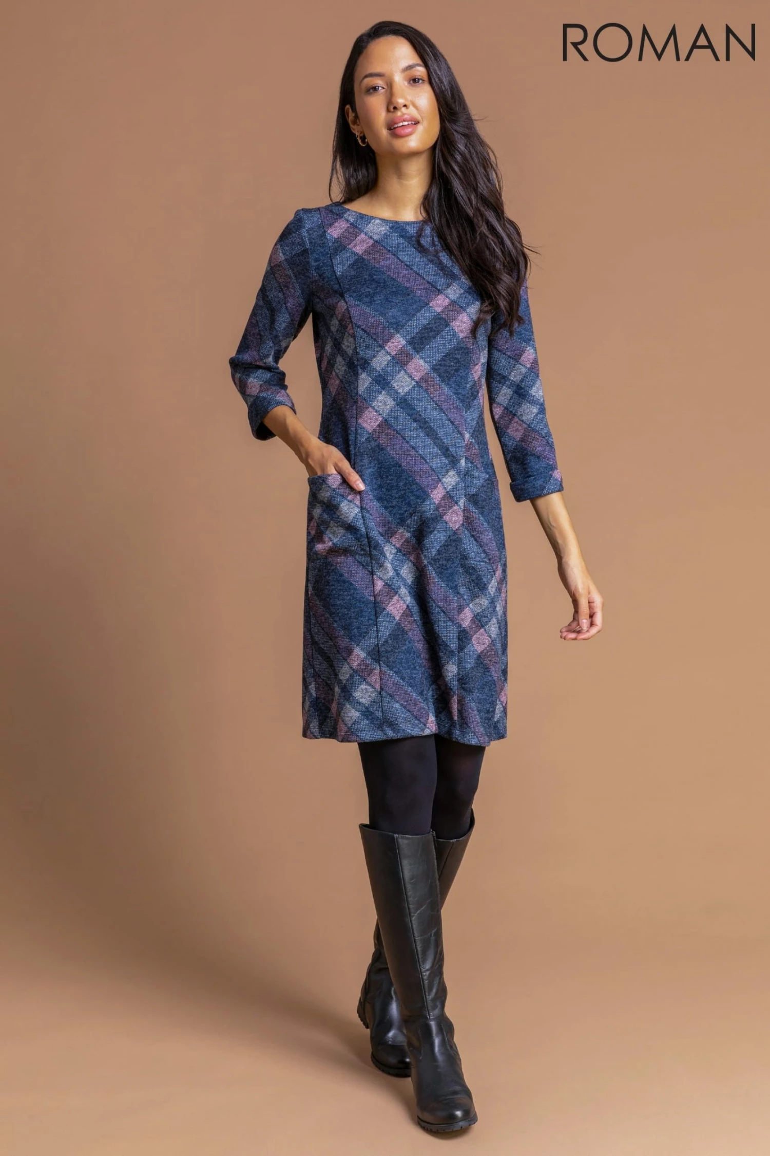 Roman Blue Check Print Pocket Shift Dress 5 Roman Blue Check Print Pocket Shift Dress - Image 3