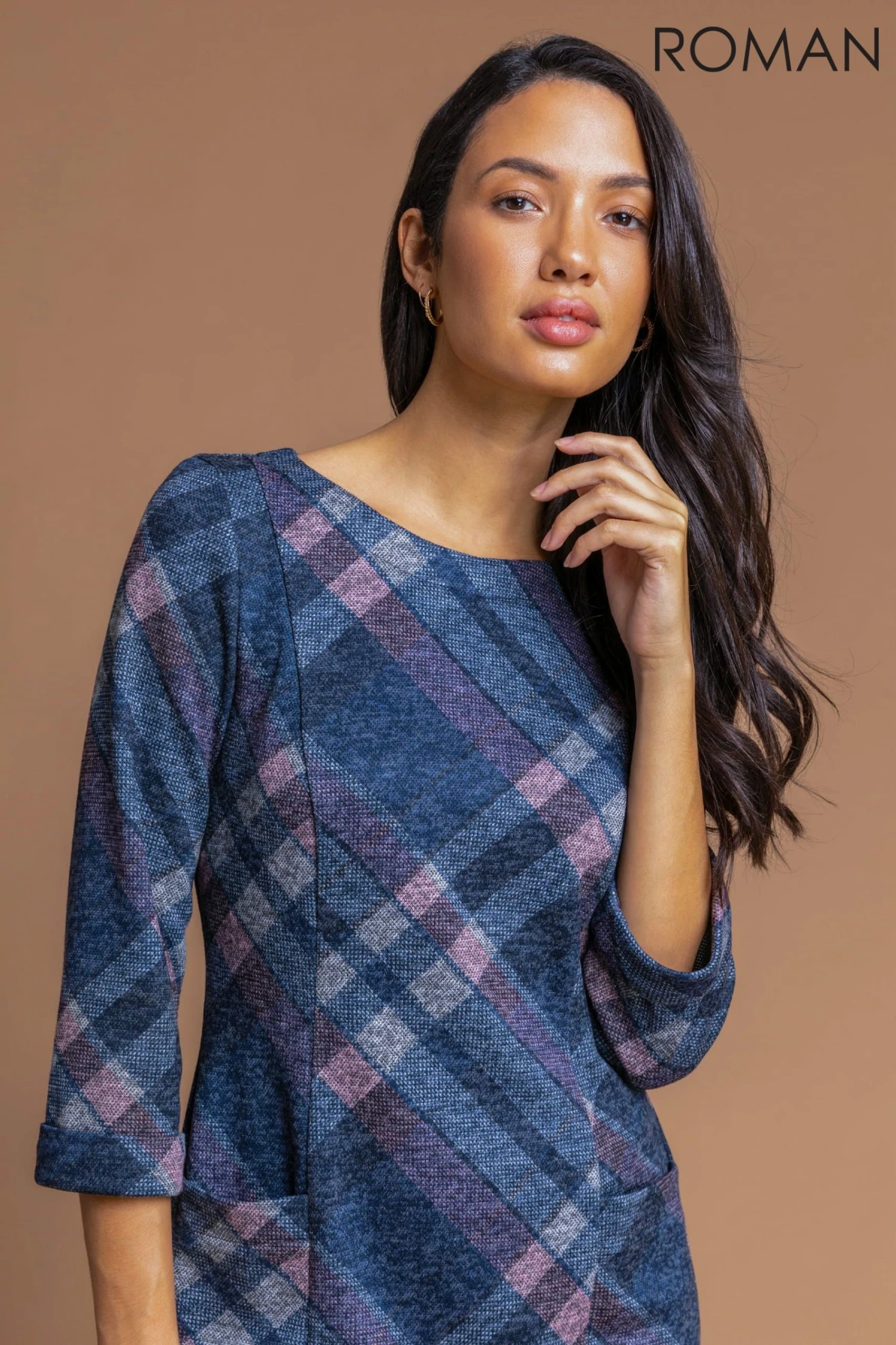 Roman Blue Check Print Pocket Shift Dress 6 Roman Blue Check Print Pocket Shift Dress - Image 4