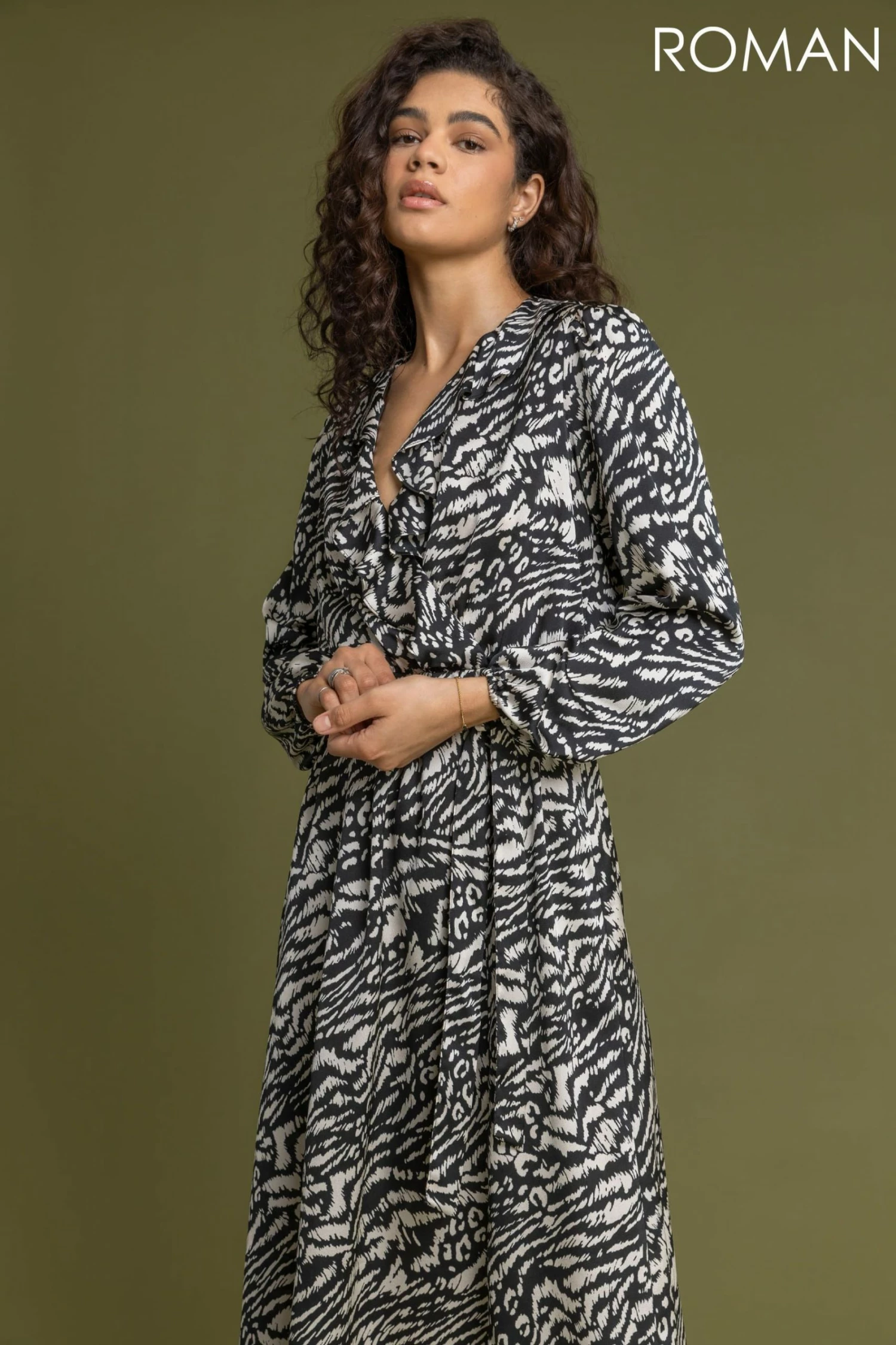 Roman Black Animal Print Frill Detail Wrap Dress 3 Roman Black Animal Print Frill Detail Wrap Dress