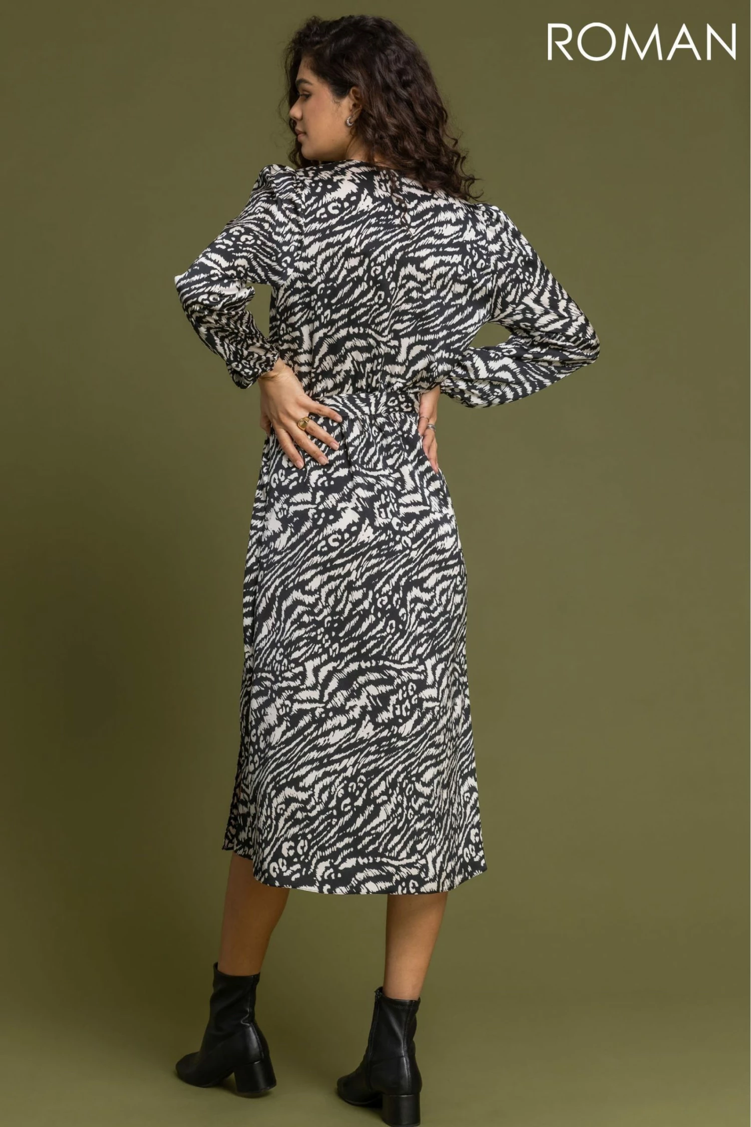 Roman Black Animal Print Frill Detail Wrap Dress 4 Roman Black Animal Print Frill Detail Wrap Dress - Image 2