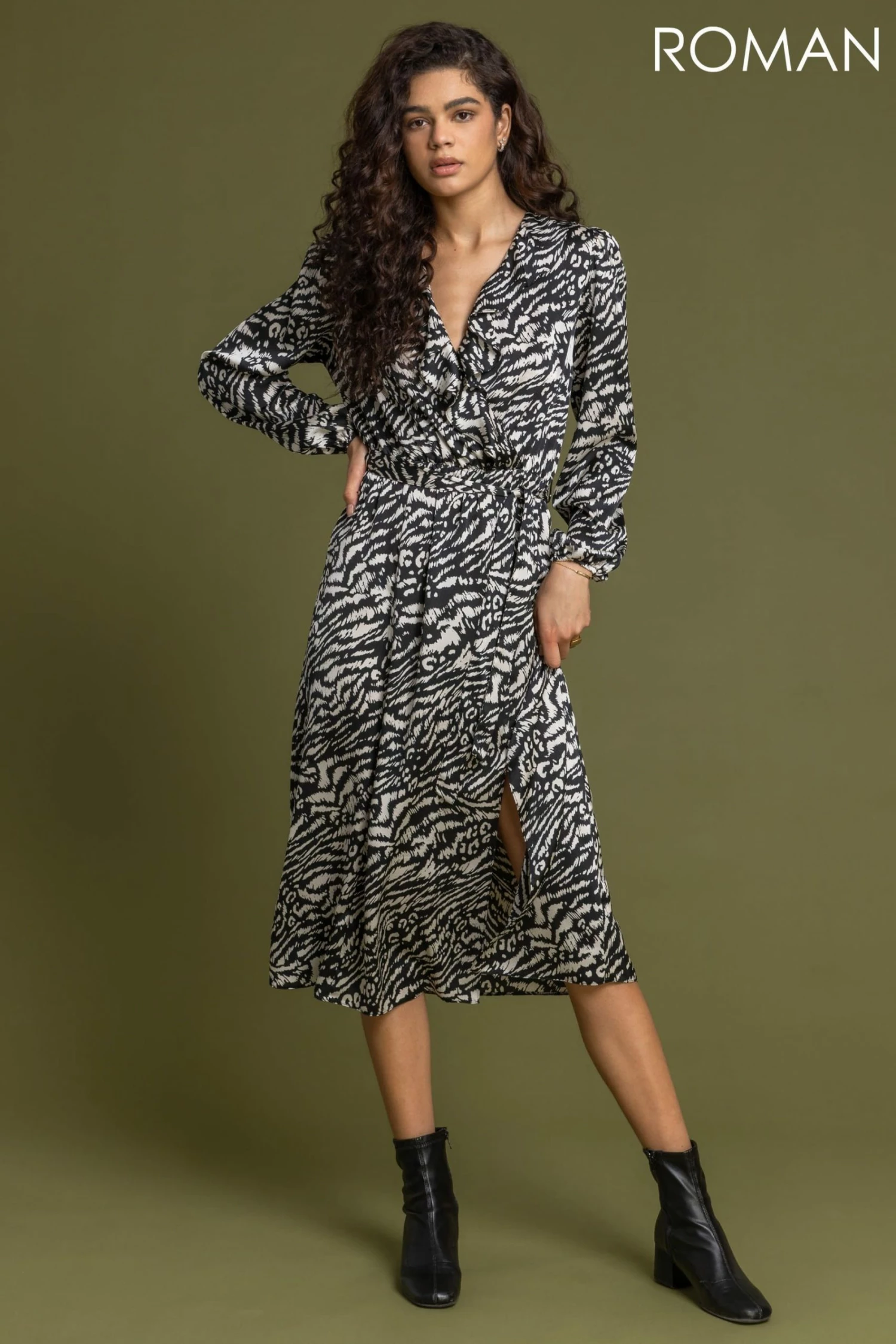 Roman Black Animal Print Frill Detail Wrap Dress 5 Roman Black Animal Print Frill Detail Wrap Dress - Image 3