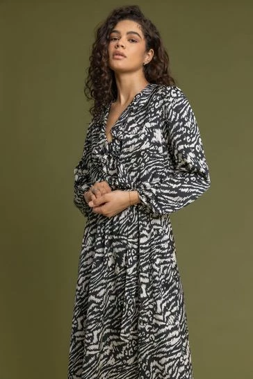 Roman Black Animal Print Frill Detail Wrap Dress 8 Roman Black Animal Print Frill Detail Wrap Dress - Image 6