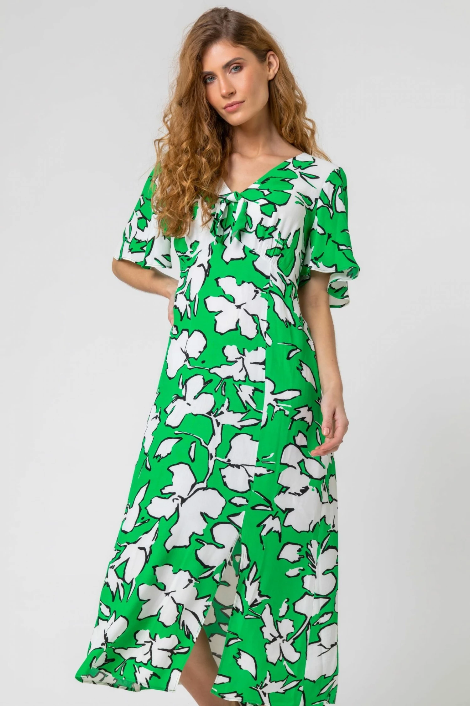 Roman Green Contrast Floral Tie Detail Midi Dress 3 Roman Green Contrast Floral Tie Detail Midi Dress