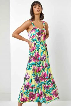 Roman Green Floral Print Tiered Knot Front Dress