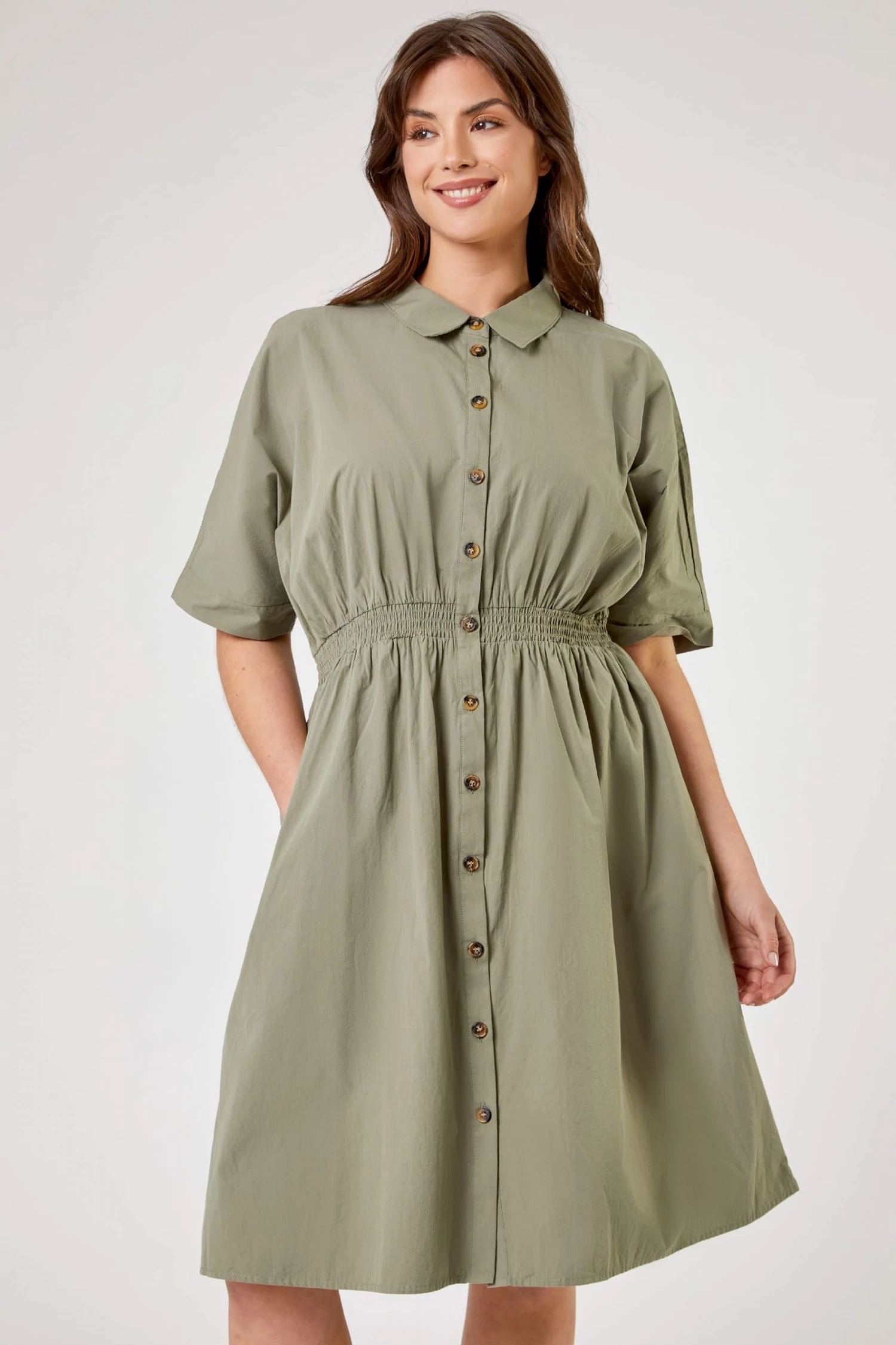 Roman Green Curve Shirred Waist Shirt Dress 3 Roman Green Curve Shirred Waist Shirt Dress