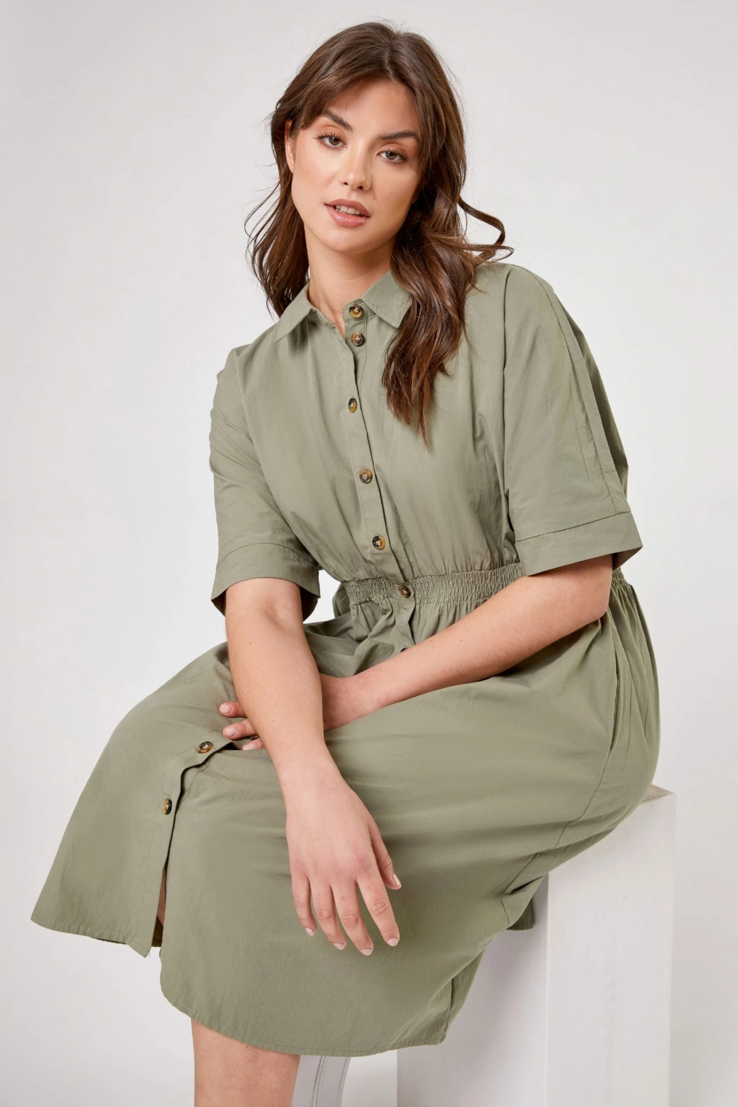 Roman Green Curve Shirred Waist Shirt Dress 7 Roman Green Curve Shirred Waist Shirt Dress - Image 5
