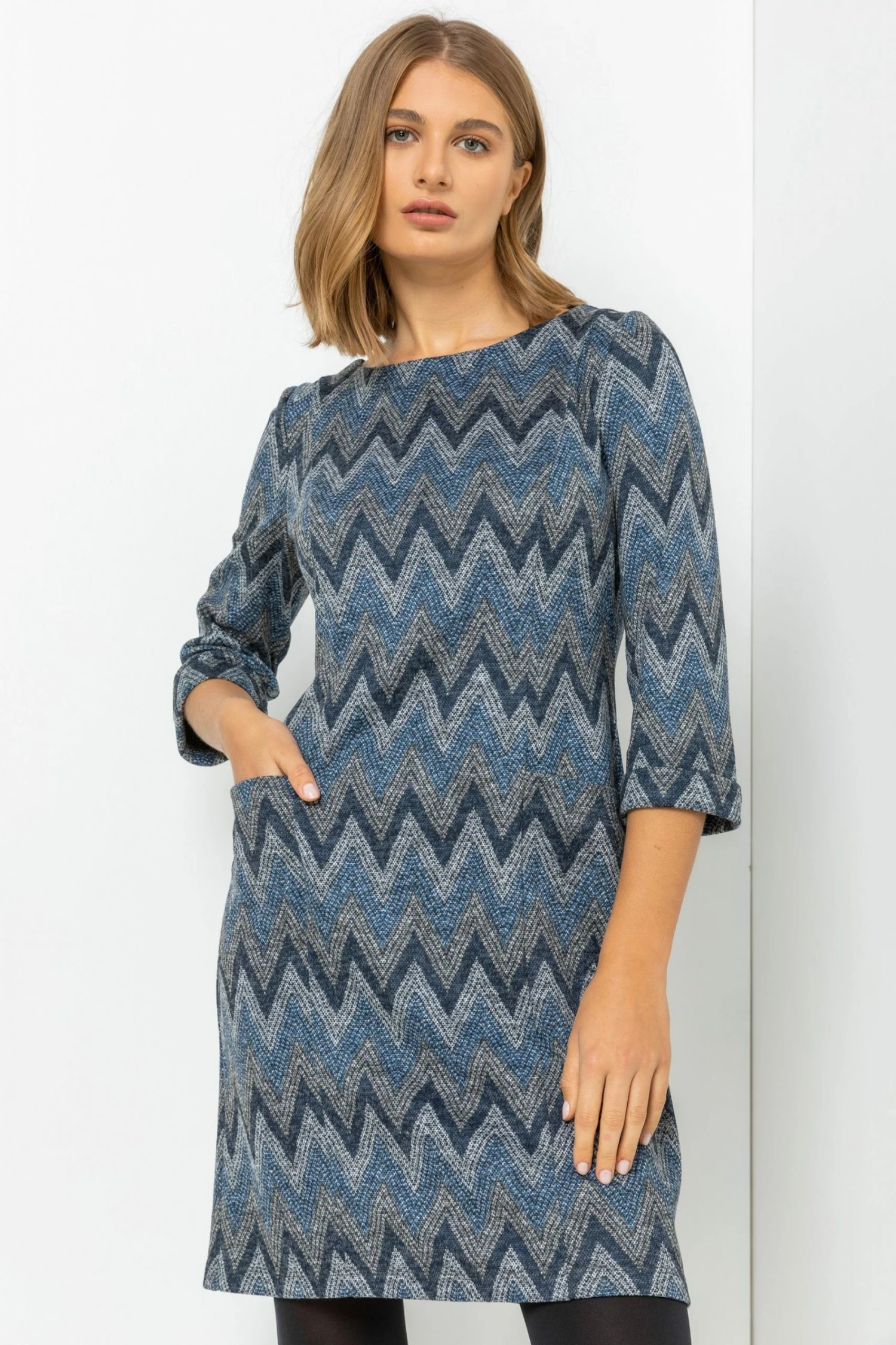 Roman Blue Zig Zag Pocket Shift Dress 3 Roman Blue Zig Zag Pocket Shift Dress