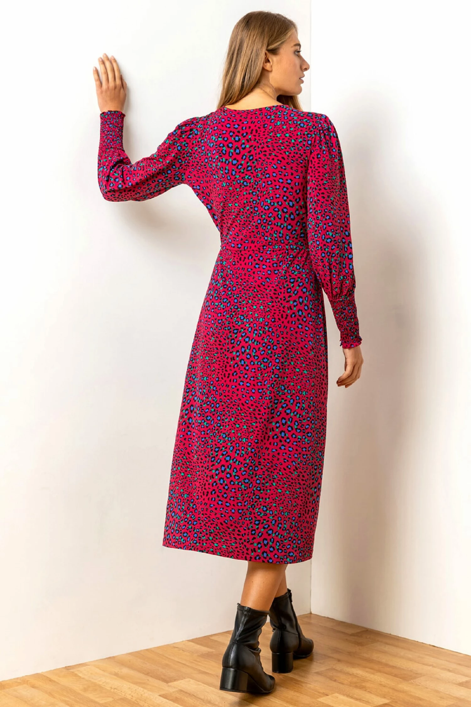 Roman Red Animal Print Shirred Cuff Midi Dress 4 Roman Red Animal Print Shirred Cuff Midi Dress - Image 2