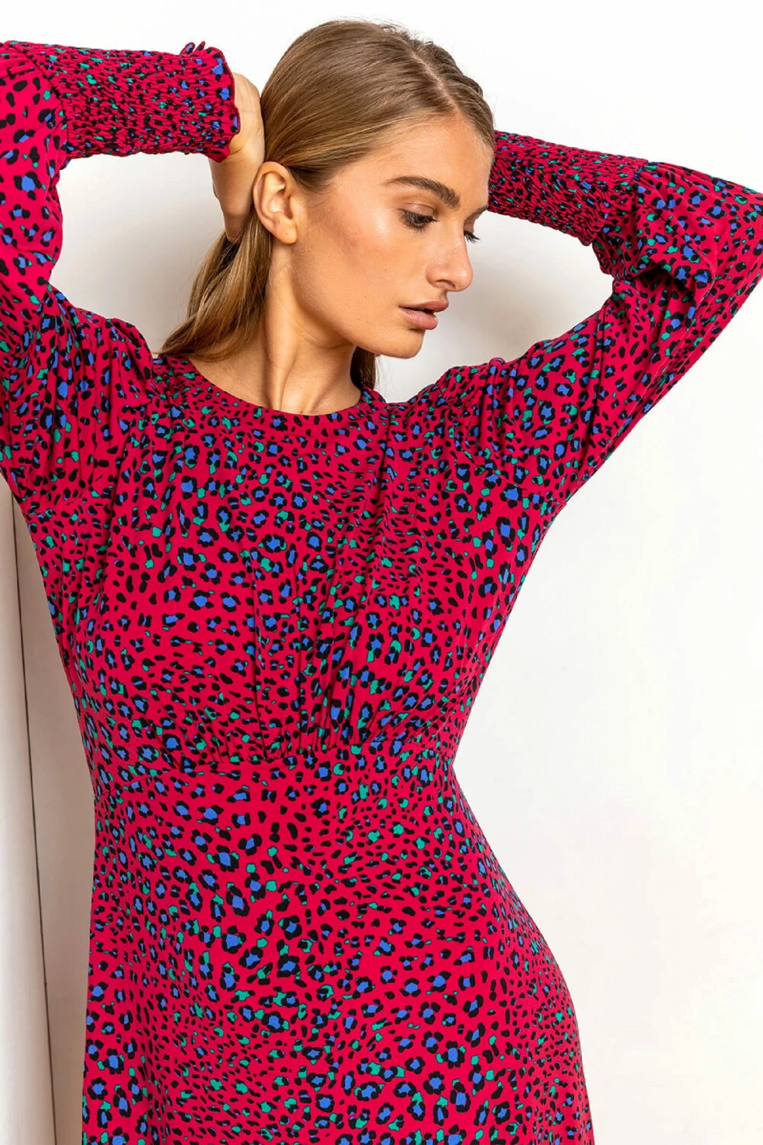 Roman Red Animal Print Shirred Cuff Midi Dress 6 Roman Red Animal Print Shirred Cuff Midi Dress - Image 4