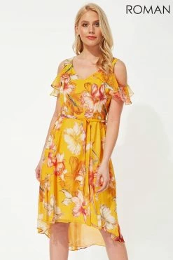 Roman Orange Hanky Hem Cold Shoulder Dress -Roman Sales Shop unnamed file 4581