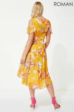 Roman Orange Hanky Hem Cold Shoulder Dress -Roman Sales Shop unnamed file 4582