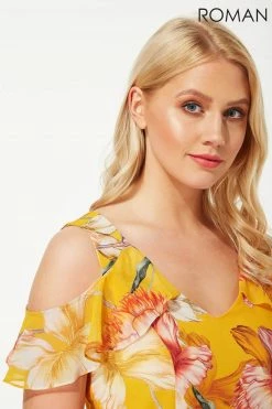 Roman Orange Hanky Hem Cold Shoulder Dress -Roman Sales Shop unnamed file 4583