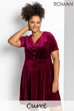 Roman Pink Curve Diamante Button Velvet Dress