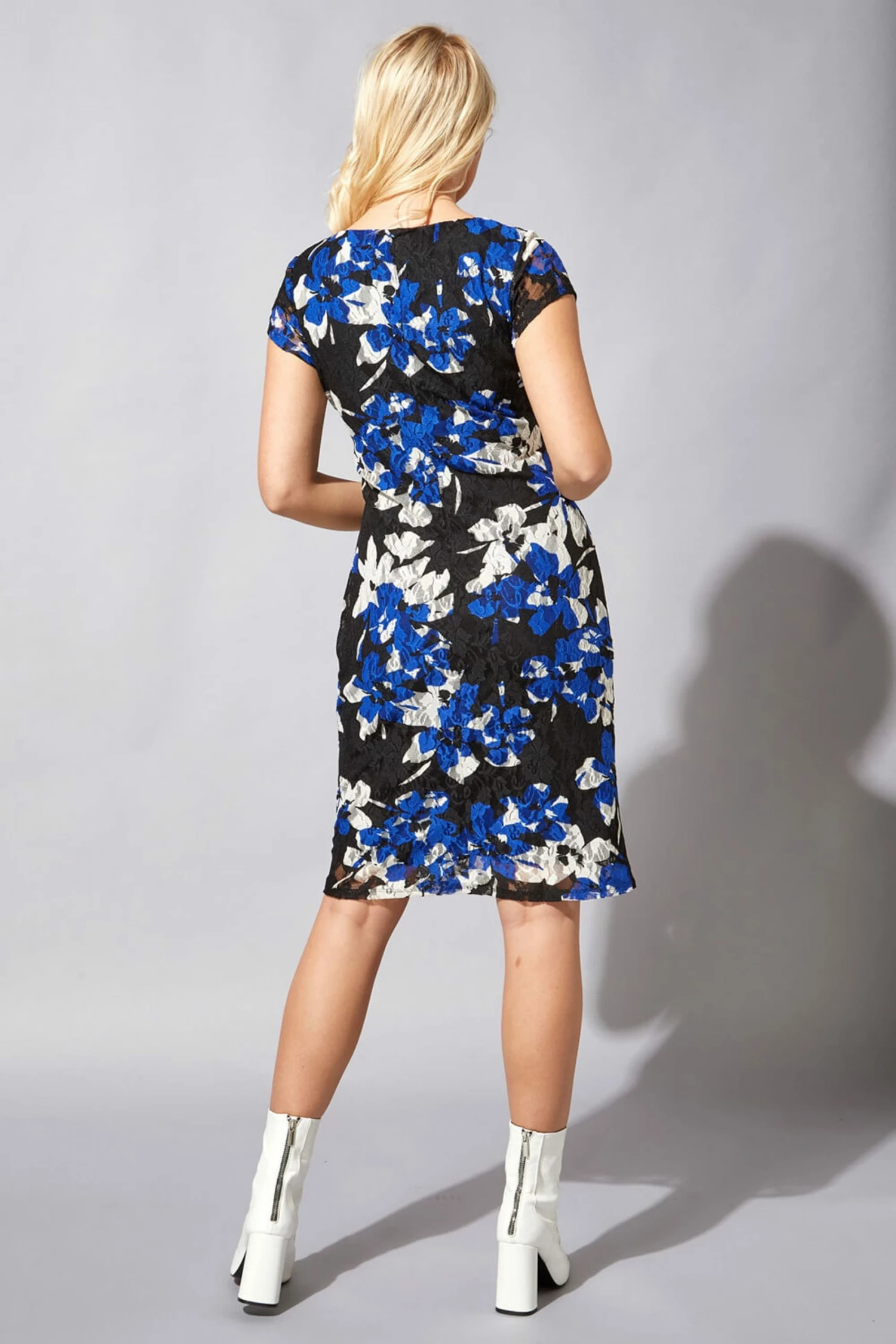 Roman Blue Floral Print Ruched Lace Dress 4 Roman Blue Floral Print Ruched Lace Dress - Image 2