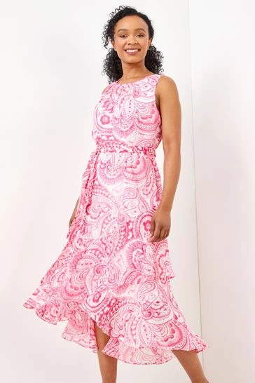 Roman Pink Petite Paisley Print Dipped Frill Hem Dress 7 Roman Pink Petite Paisley Print Dipped Frill Hem Dress - Image 5