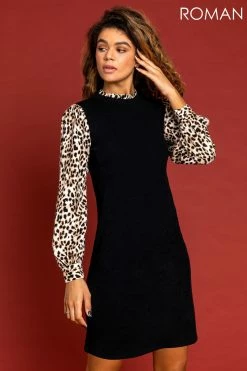 Roman Black Contrast Animal Sleeve Jumper Dress
