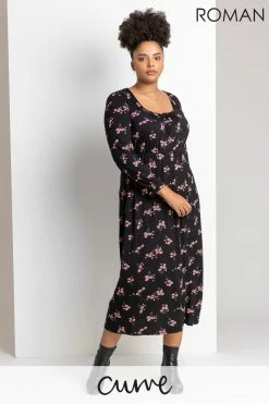 Roman Pink Curve Floral Print Square Neck Midi Dress