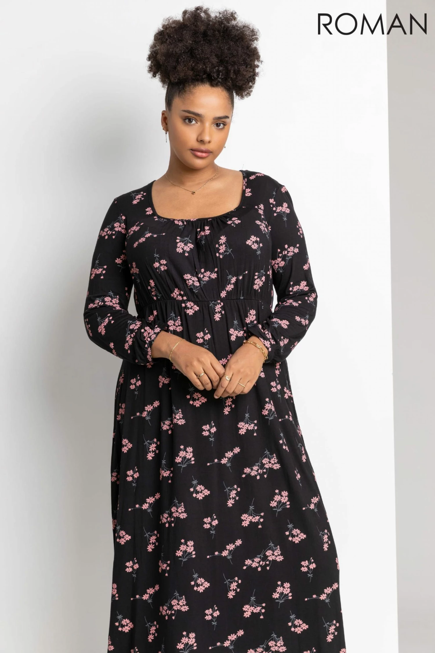 Roman Pink Curve Floral Print Square Neck Midi Dress 5 Roman Pink Curve Floral Print Square Neck Midi Dress - Image 3