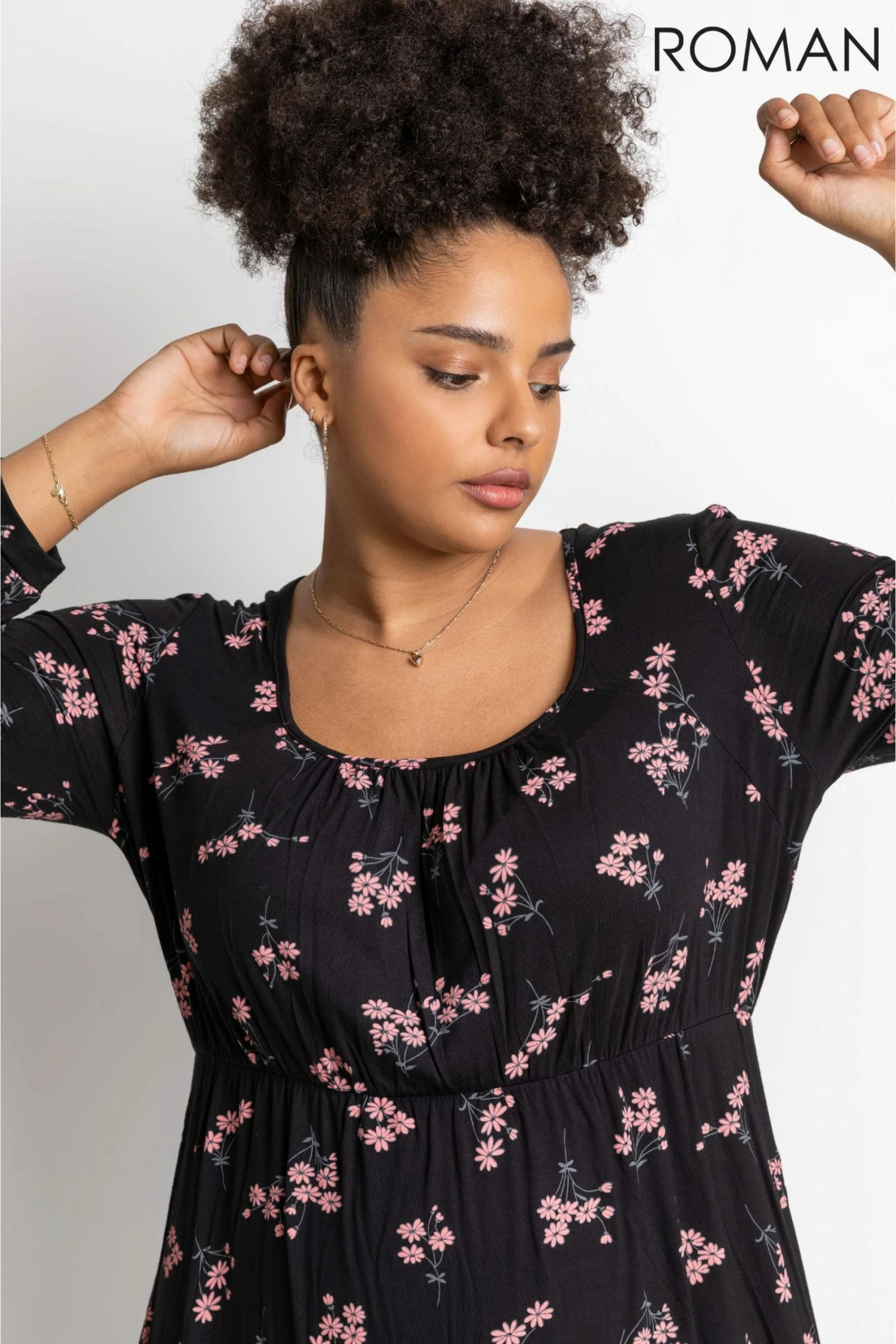 Roman Pink Curve Floral Print Square Neck Midi Dress 6 Roman Pink Curve Floral Print Square Neck Midi Dress - Image 4