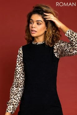 Roman Black Contrast Animal Sleeve Jumper Dress 10 Roman Black Contrast Animal Sleeve Jumper Dress -Roman Sales Shop unnamed file 464