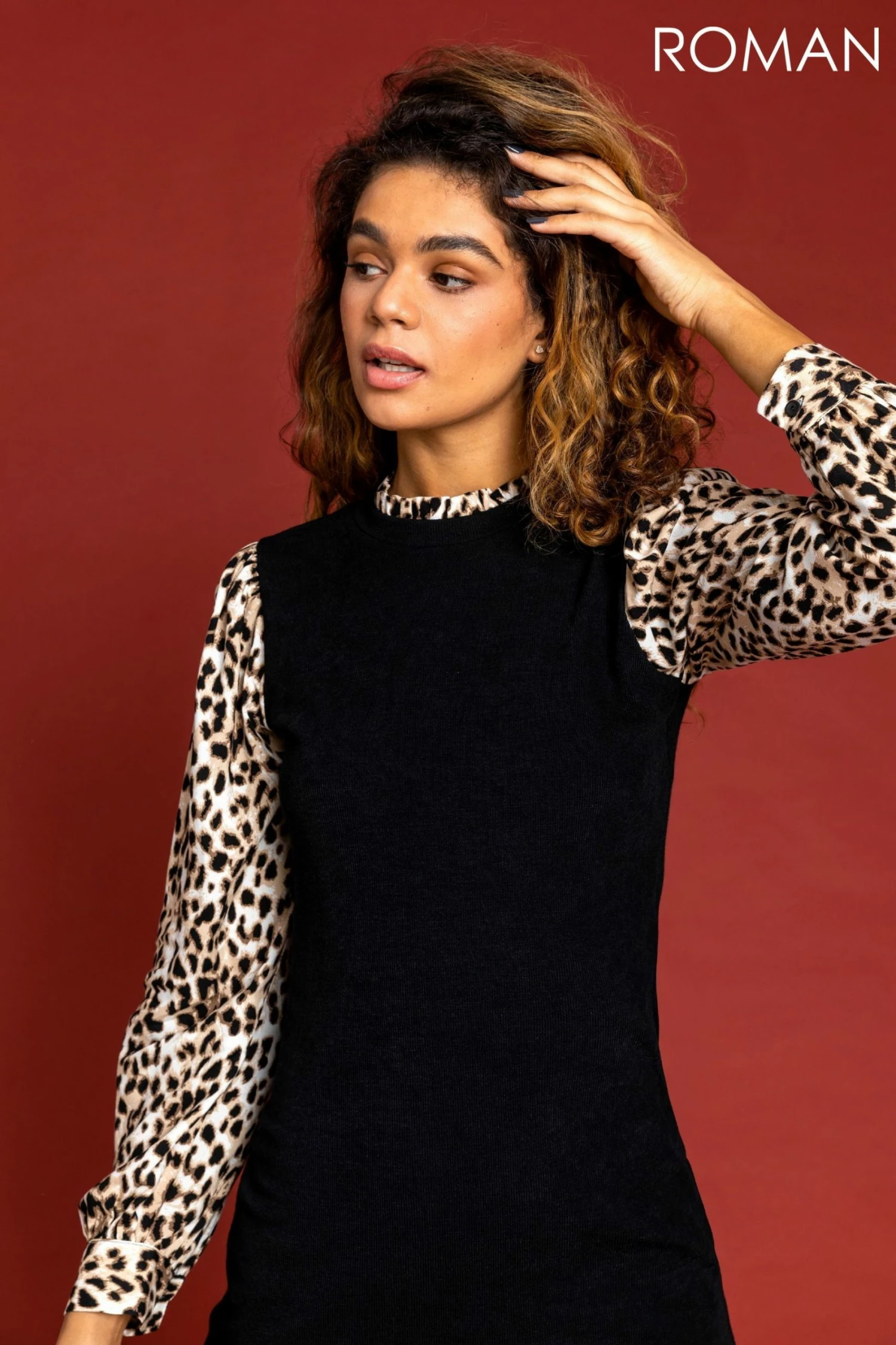 Roman Black Contrast Animal Sleeve Jumper Dress 6 Roman Black Contrast Animal Sleeve Jumper Dress - Image 4