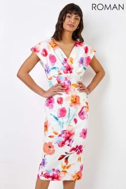 Roman White Floral Print Cross Front Midi Dress