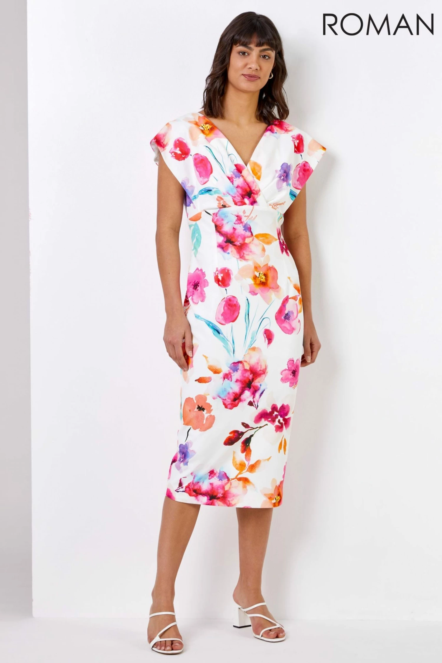 Roman White Floral Print Cross Front Midi Dress 4 Roman White Floral Print Cross Front Midi Dress - Image 2