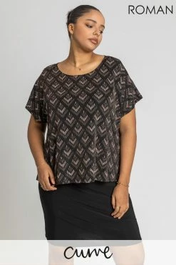 Roman Brown Curve Glitter Embellished Contrast Dress